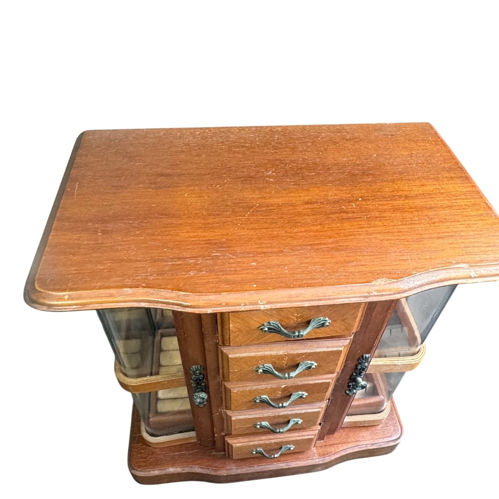 Vintage Wood Jewelry Armoire 5 Drawer Necklace Carousel Mirrored Chest - Picture 7 of 9
